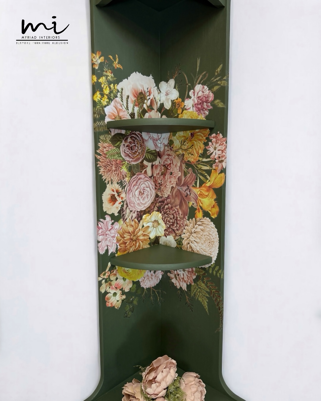 Refinished Nathan deep olive and neutral floral corner cabinet, cupboard, sideboard, shelves drinks cabinet