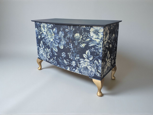 Vintage bedding blanket box ottoman navy blue floral chest
