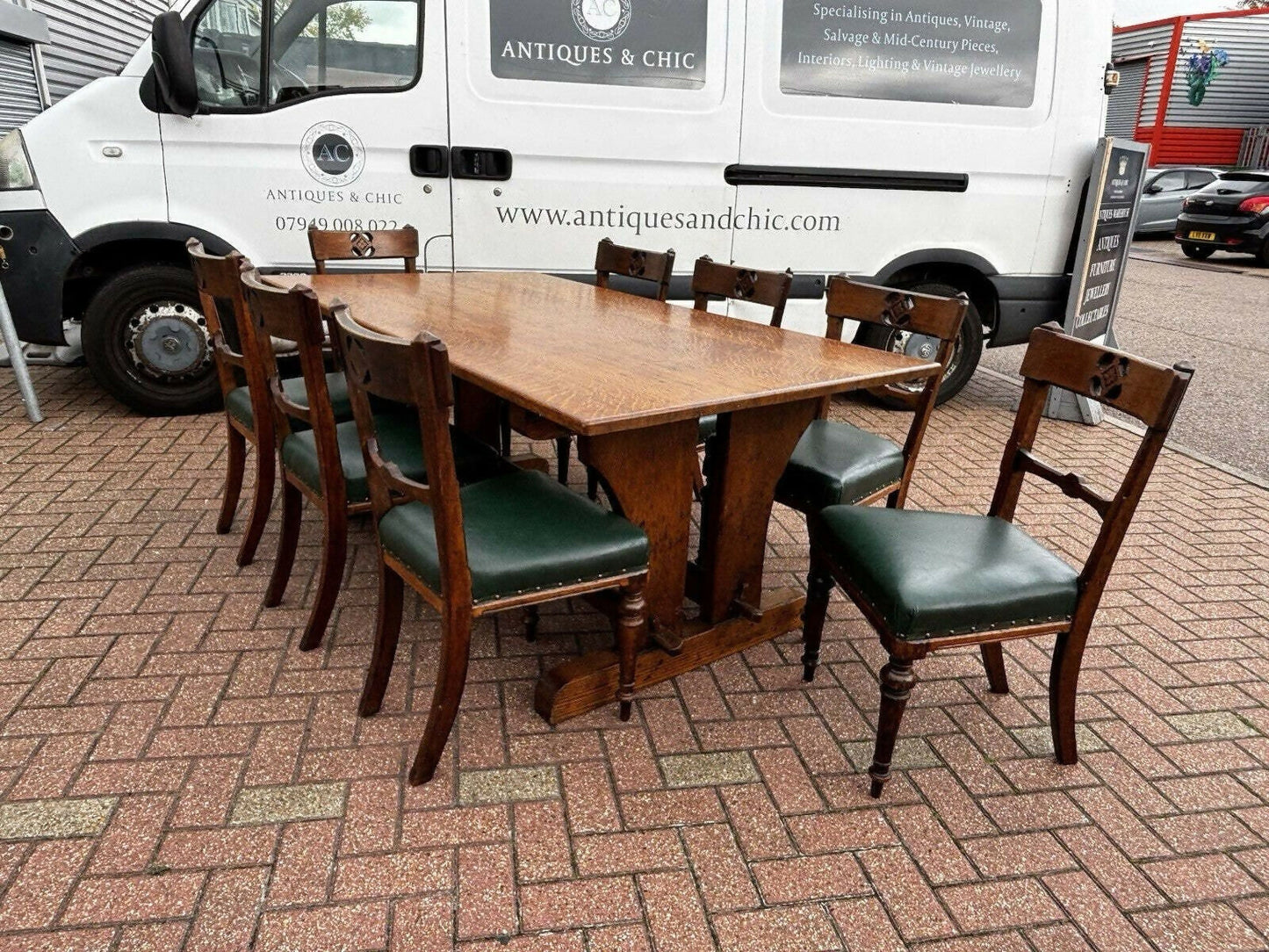 Large Arts & Crafts Light Oak Dining Table & 8 Chairs. Superb Quality.