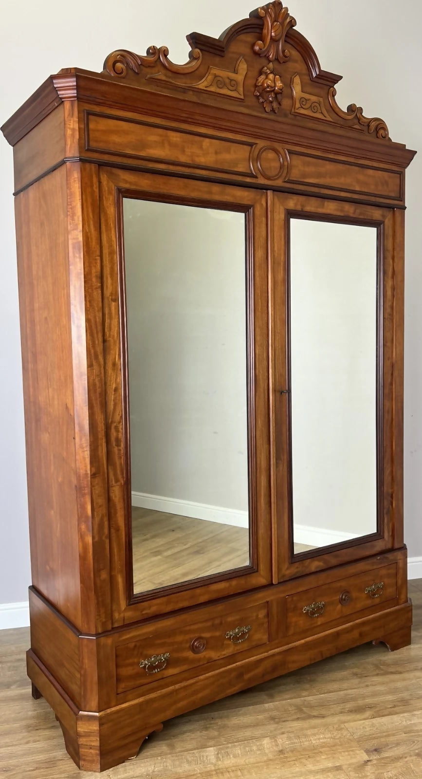 Wardrobe Antique French Mahogany Two Door Carved Mirrored Armoire LOT 6164