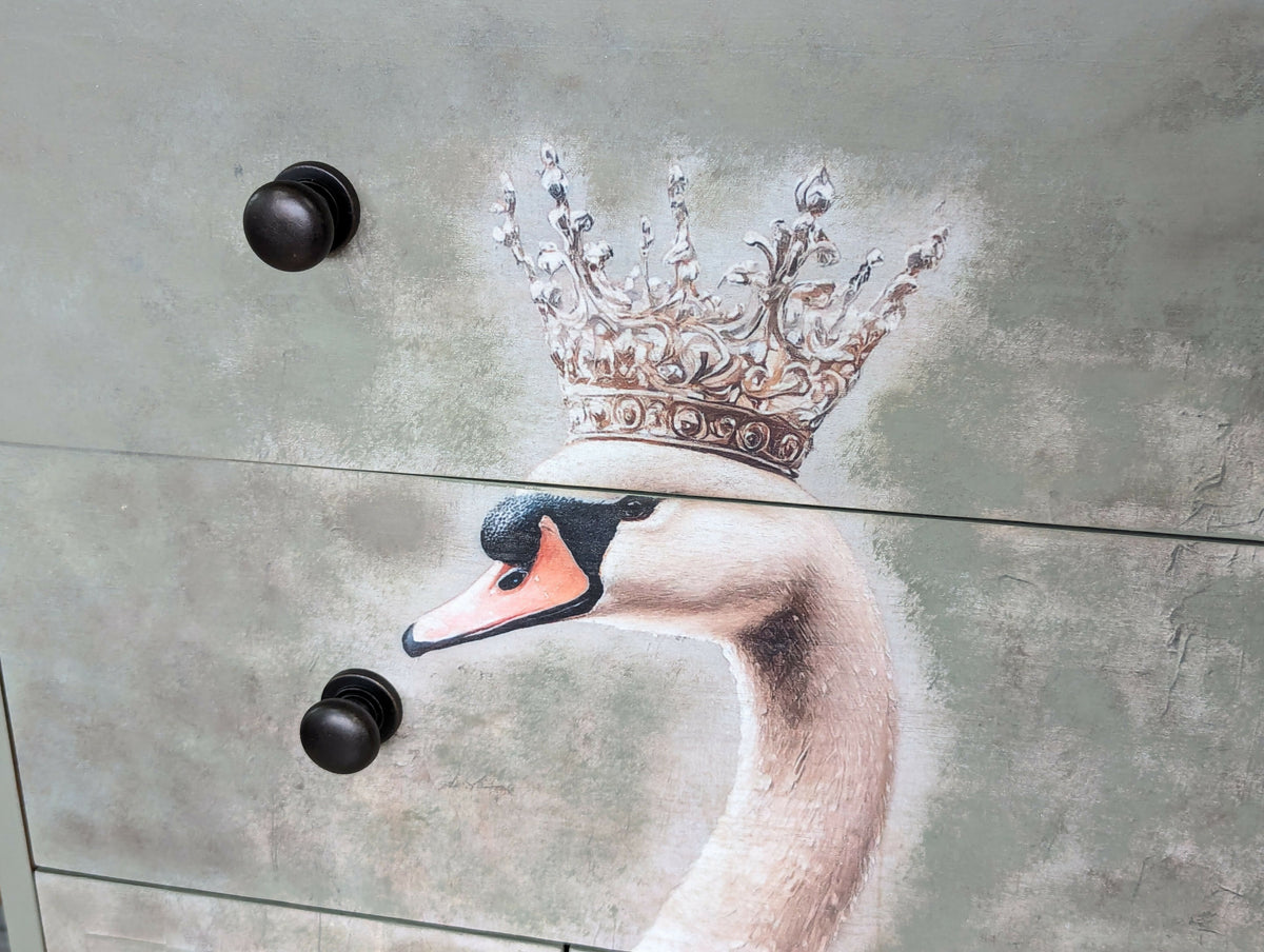 Vintage Stag sage green chest of drawers decoupage tallboy
