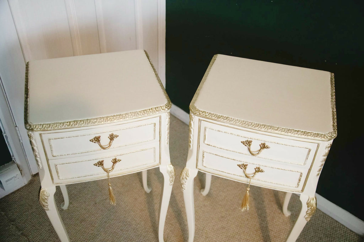 Pair of Cream French style Bedside drawers/nightstands with gold details
