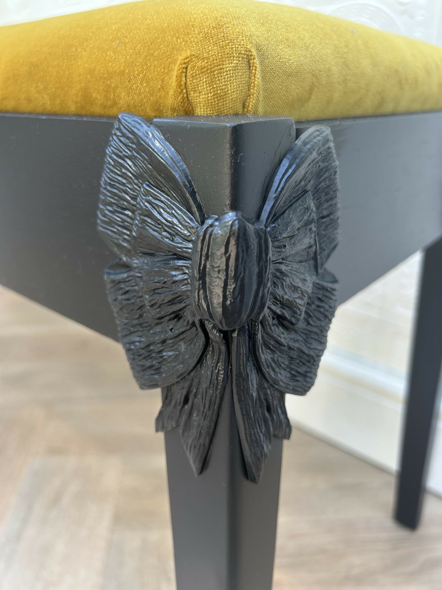 Mid-century Modern Bow Black Handpainted Upholstered Occasional Bench