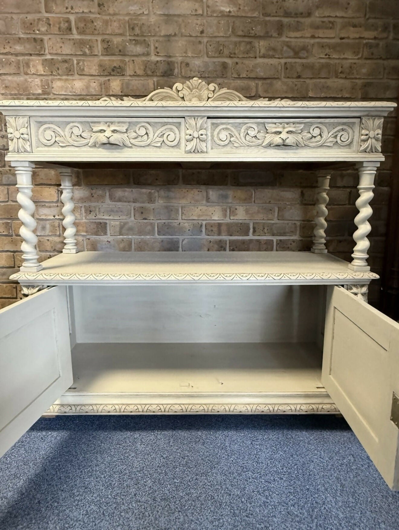 Antique Victorian Buffet/Server in oak with Green Man carvings.