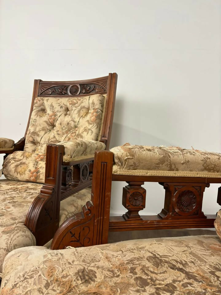 Pair of Victorian Carved Walnut Upholstered Library Armchairs