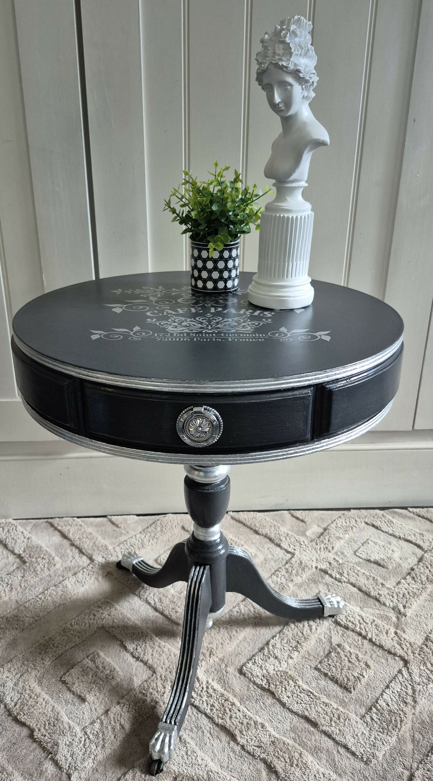 Hand Painted Vintage Accent Table in Anthracite Grey with Silver Leaf & French Stencil Detail