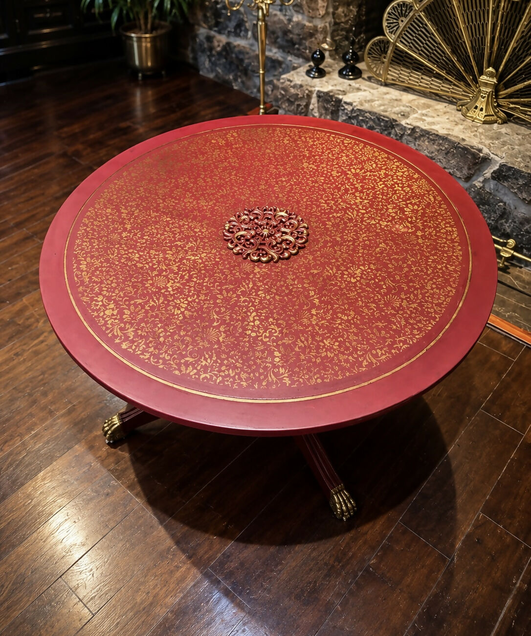 Mughal-Inspired Crimson Red & Gold Round Statement Eastern Coffee Table