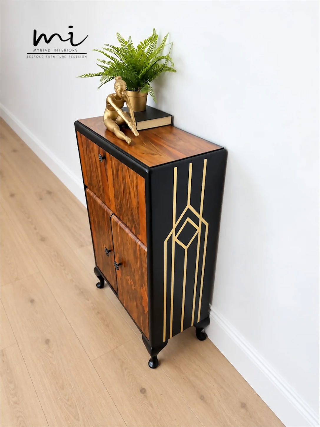 Art Deco Burl Walnut Petit Cocktail Cabinet, Black and Gold, Vintage Drinks Cabinet