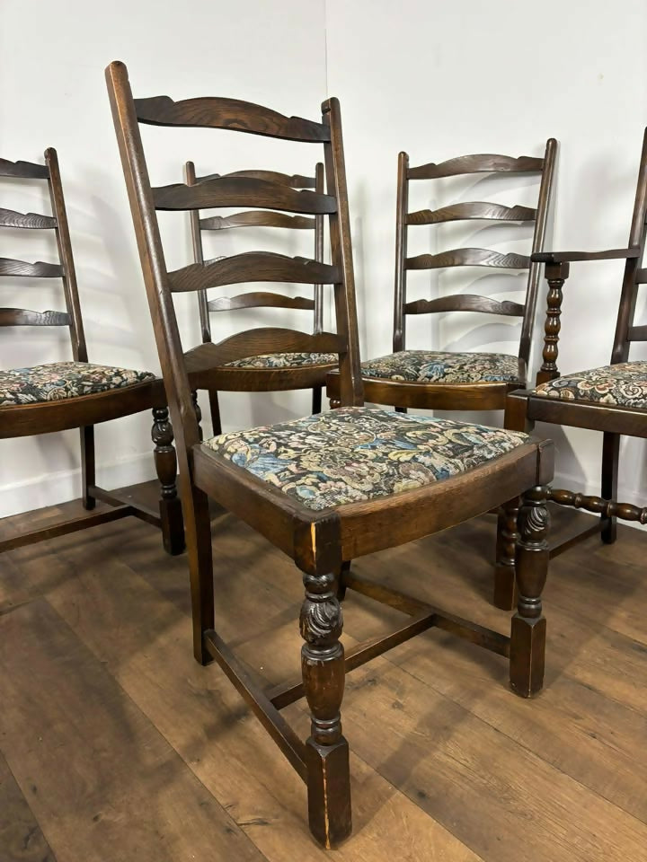 Vintage Set of Six Oak Ladder Back Dining Chairs – Including Two Carvers