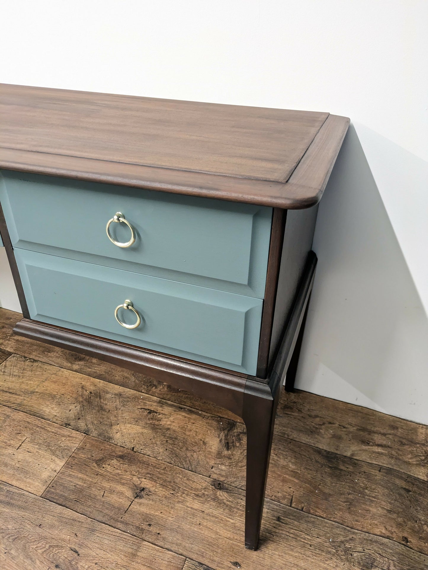 Vintage Stag Minstrel Dressing Table, Desk Dark Wood and Green Blue. Painted Upcycled Furniture