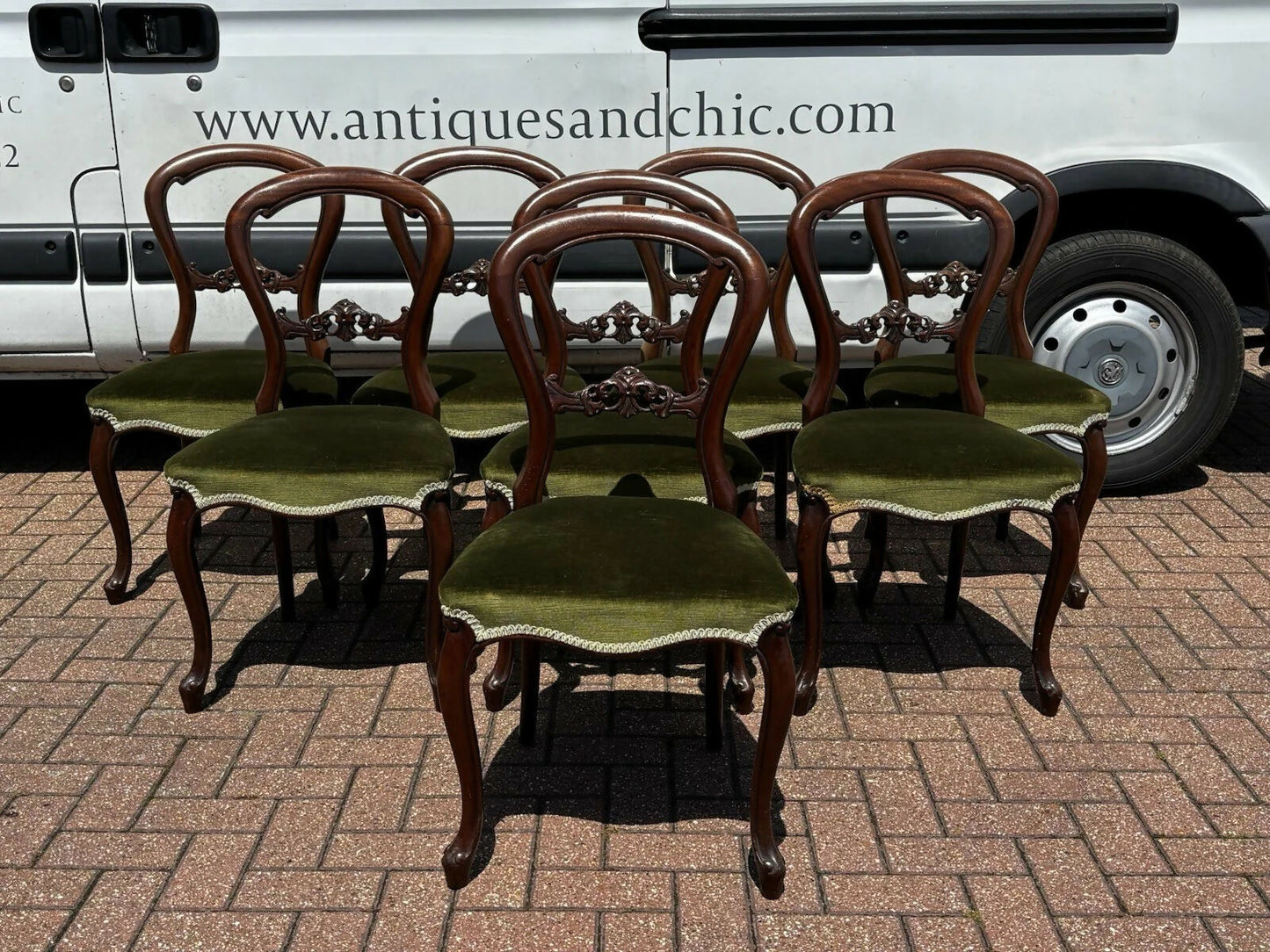 Set of 8 Green Balloon Back Mahogany Dining Chairs.