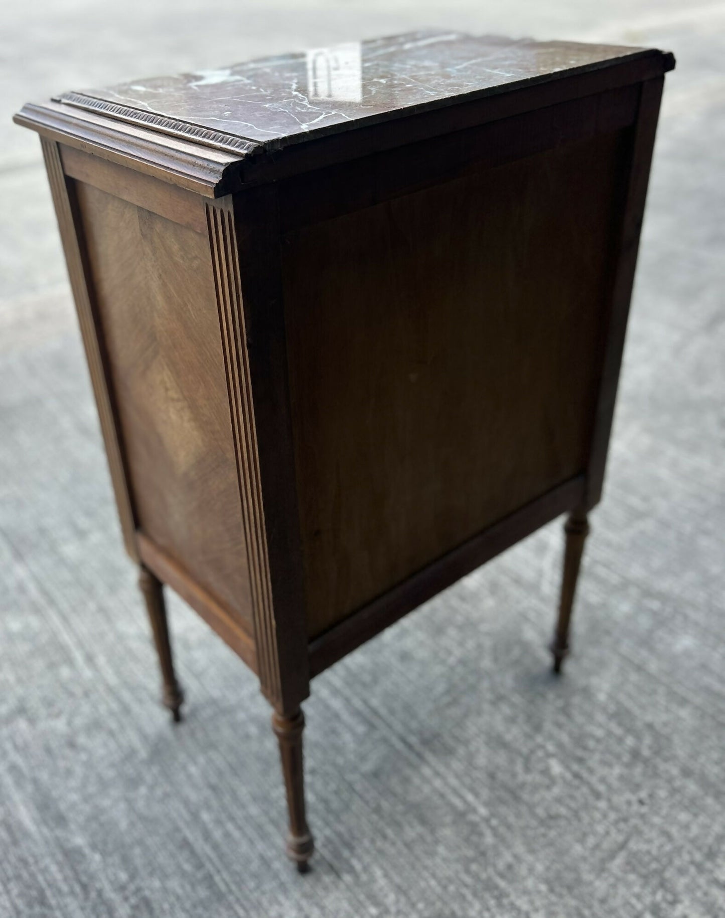 Antique French Louis XVI Style Walnut Marble Topped Bedside Chest Of Drawers