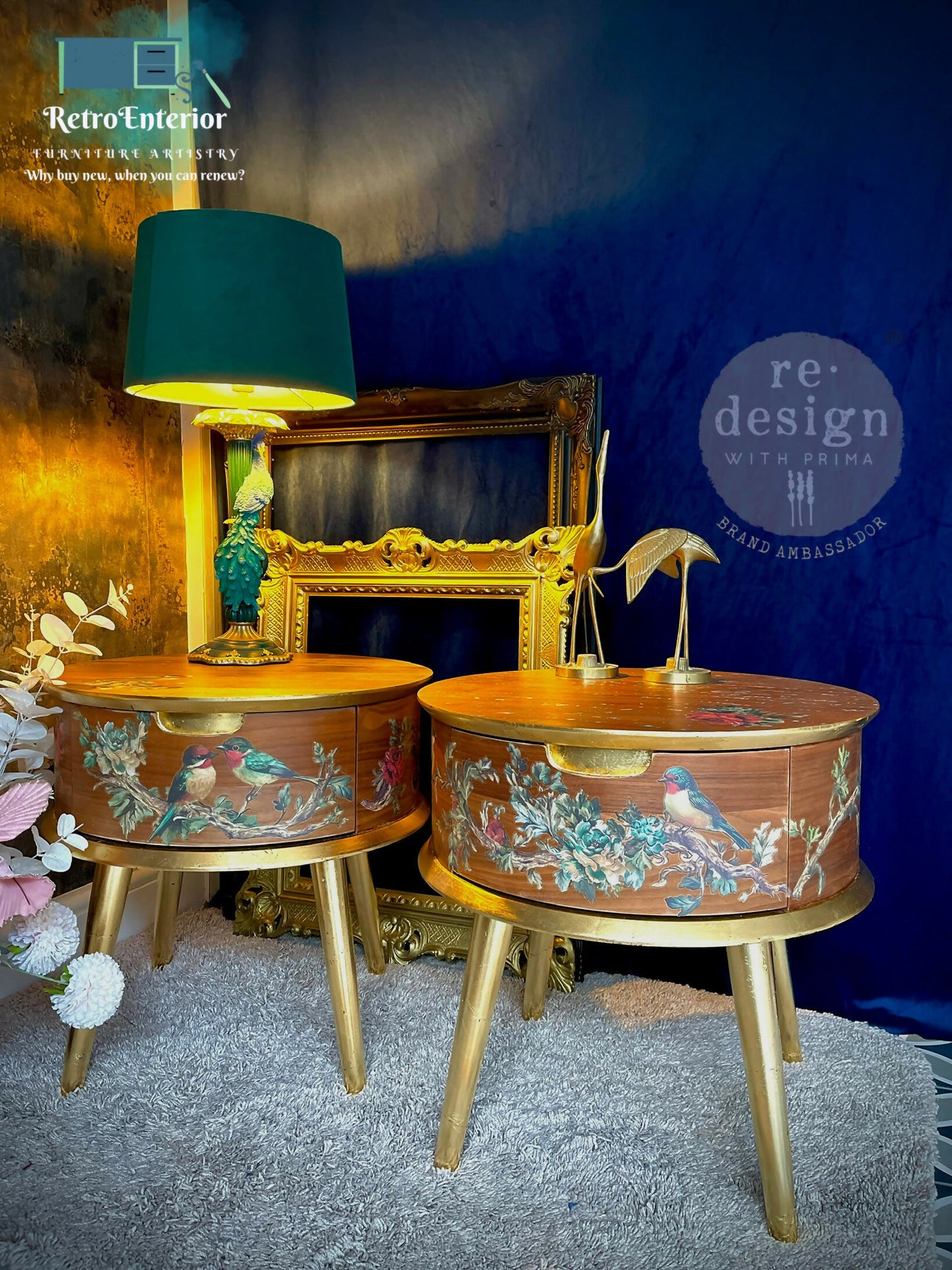 Beautifully Upcycled wood Bedside Table – Rosette Bird & Floral Design