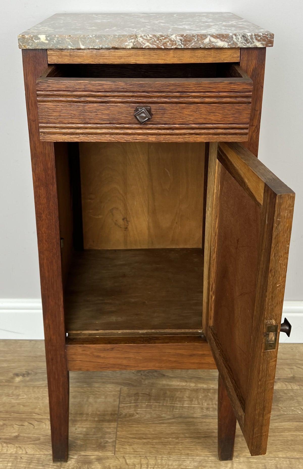 Bedside Table Antique French Style Oak Carved Marble Top Cabinet LOT 6602