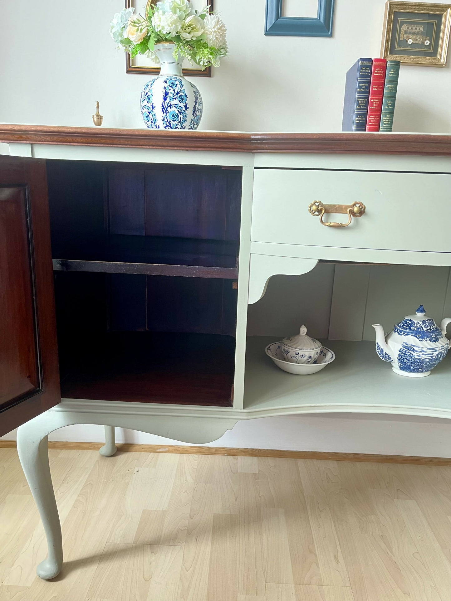 Antique Large, Solid Sage Green Greyish Sideboard: Bow-Fronted Cabinet with Brass Rail