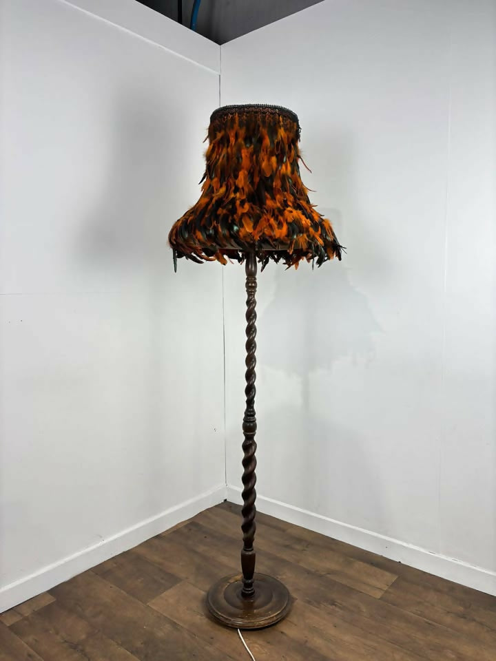 Vintage Barley Twist Standard Lamp with Handmade Feather Shade