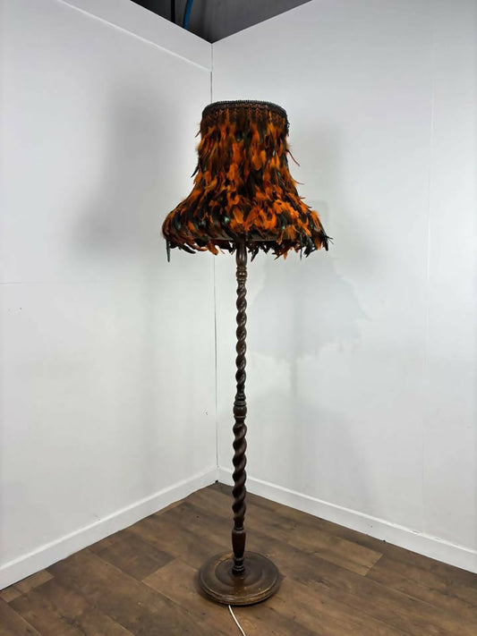 Vintage Barley Twist Standard Lamp with Handmade Feather Shade