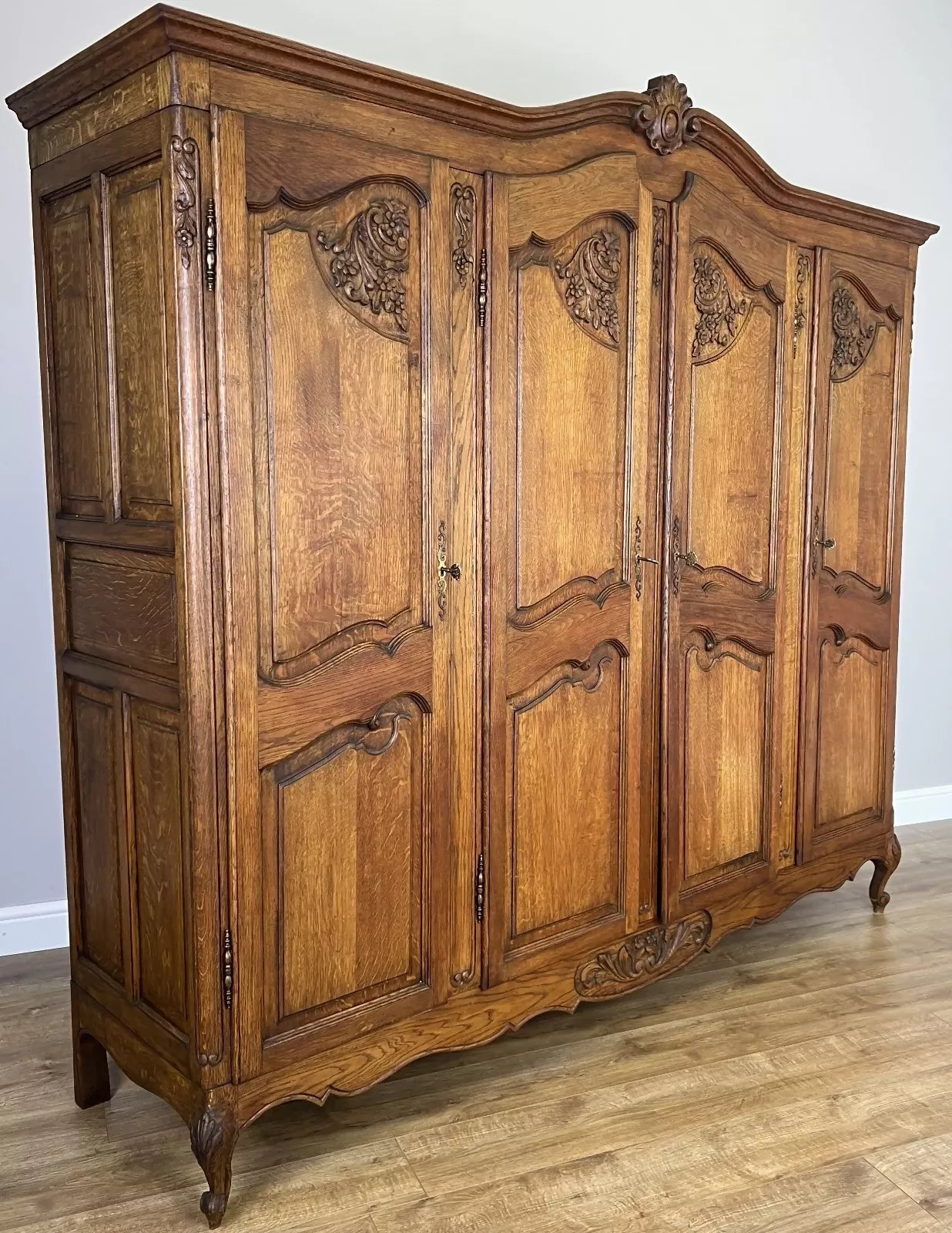 Wardrobe Vintage French Louis XVI Style Oak Four Door Mirrored Armoire LOT 4901