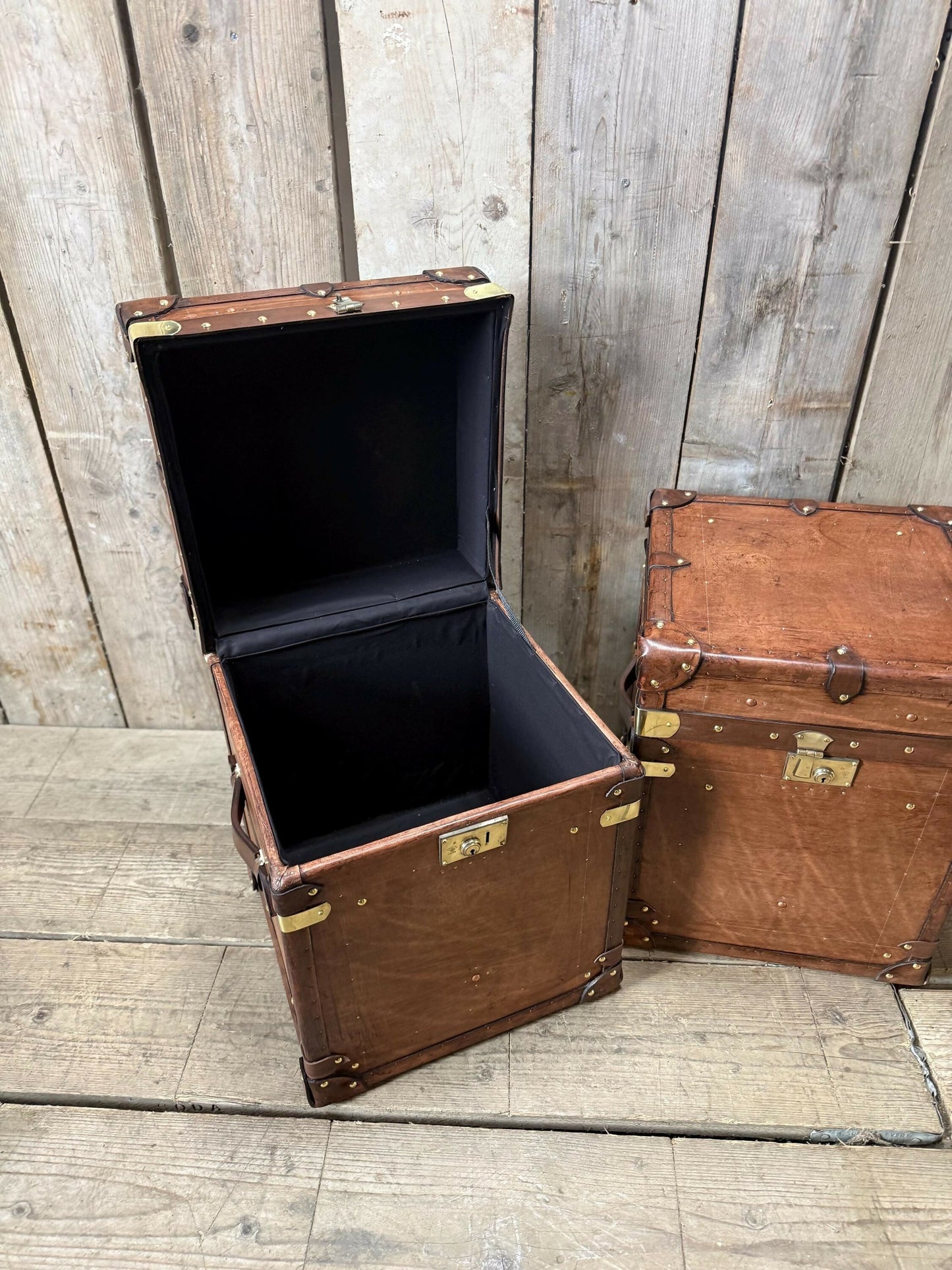 English vintage storage trunks - matching luxury pair - chestnut brown hand dyed