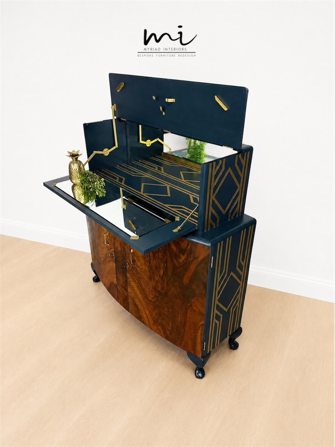 Navy Blue and Gold Art Deco Walnut Drinks Cabinet, cocktail cabinet, 1930s, vintage bar, sideboard, refurbished