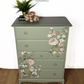 Refinished Stag Minstrel Tallboy Chest Of Drawers in Pale Green with delicate pink floral design