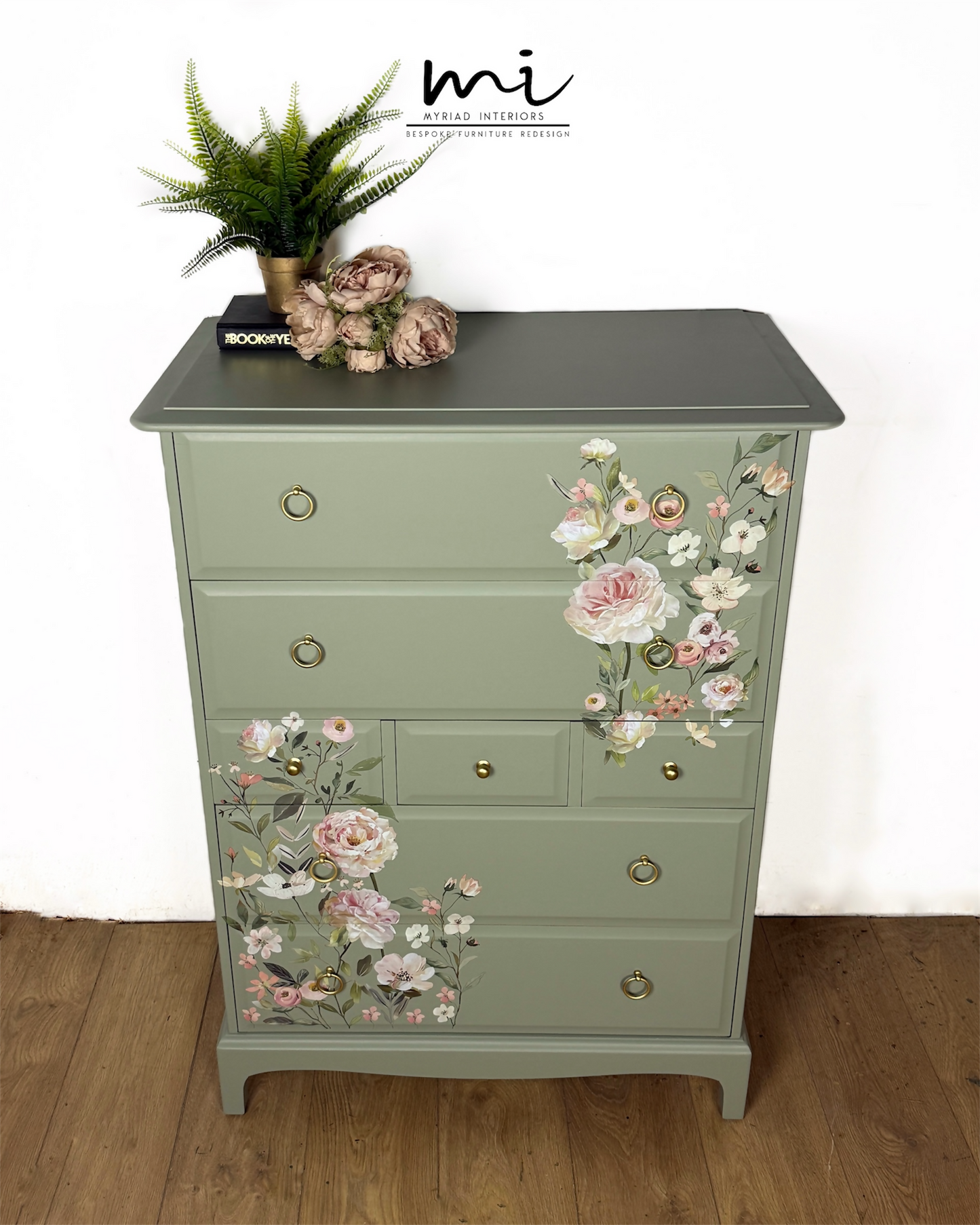 Refinished Stag Minstrel Tallboy Chest Of Drawers in Pale Green with delicate pink floral design