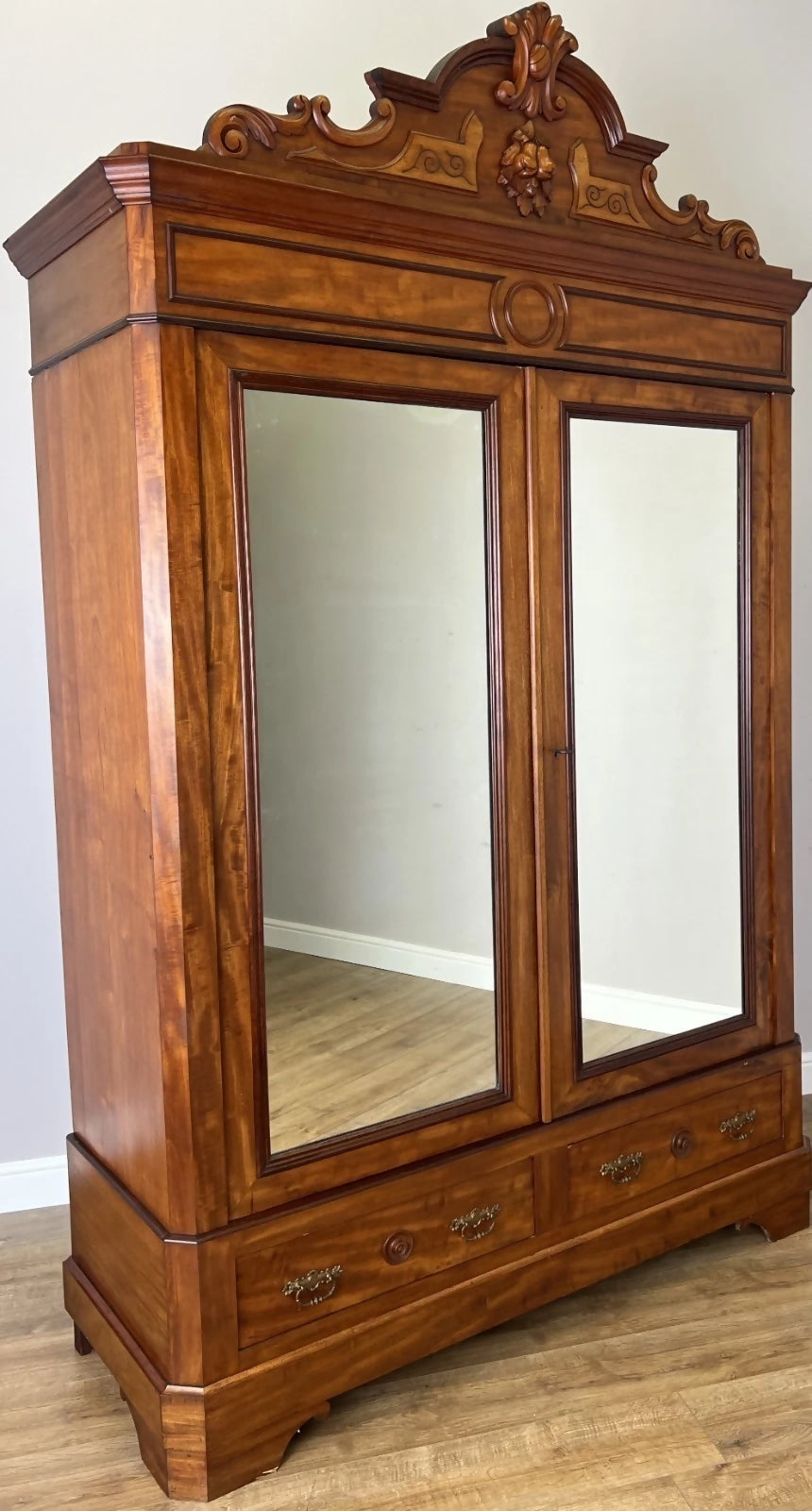 Wardrobe Antique French Mahogany Two Door Carved Mirrored Armoire LOT 6164
