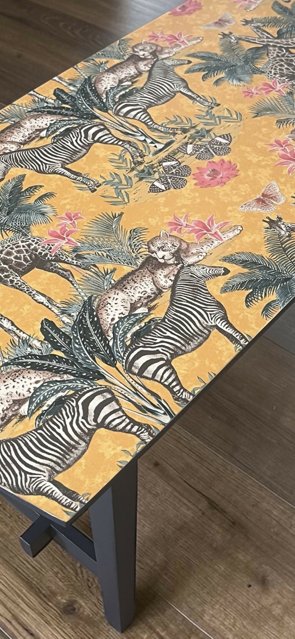 Navy Blue Coffee Table with Sealed Wild Animal Print Top