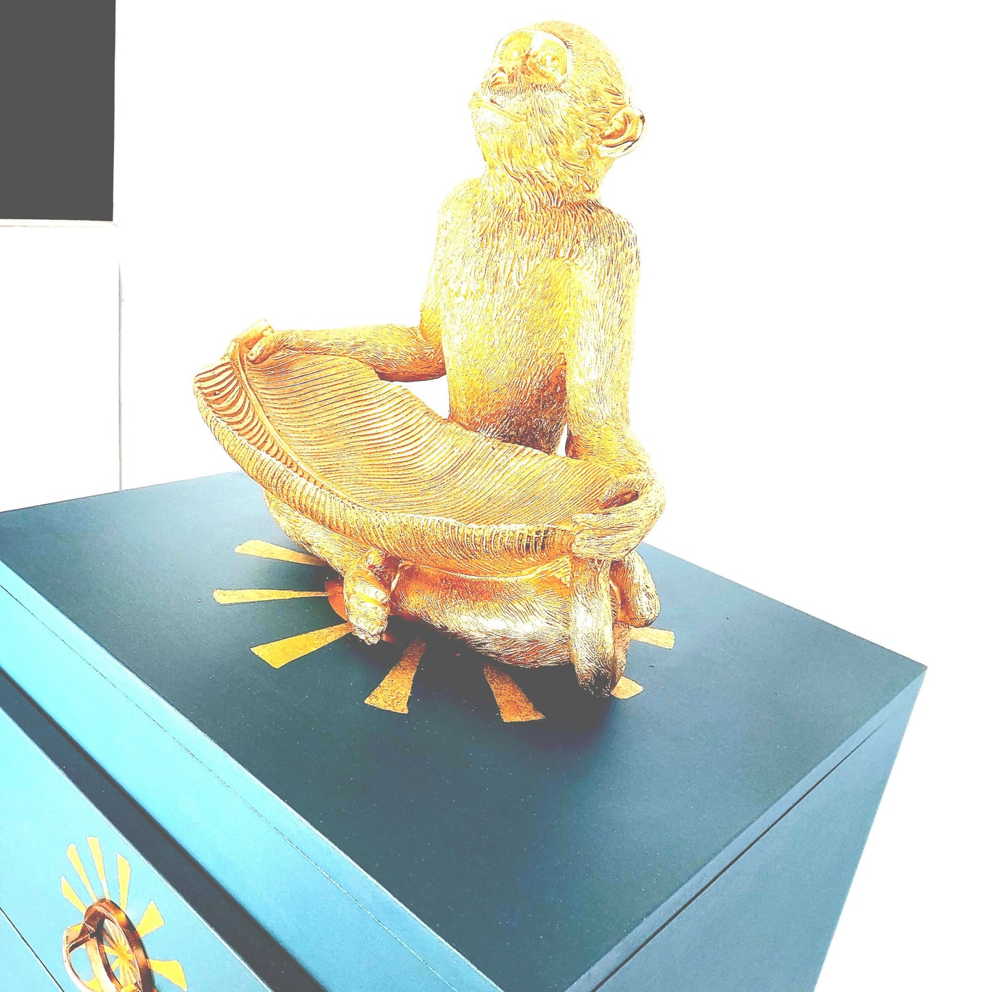 Upcycled hand painted drawers in teal with gold leaf design