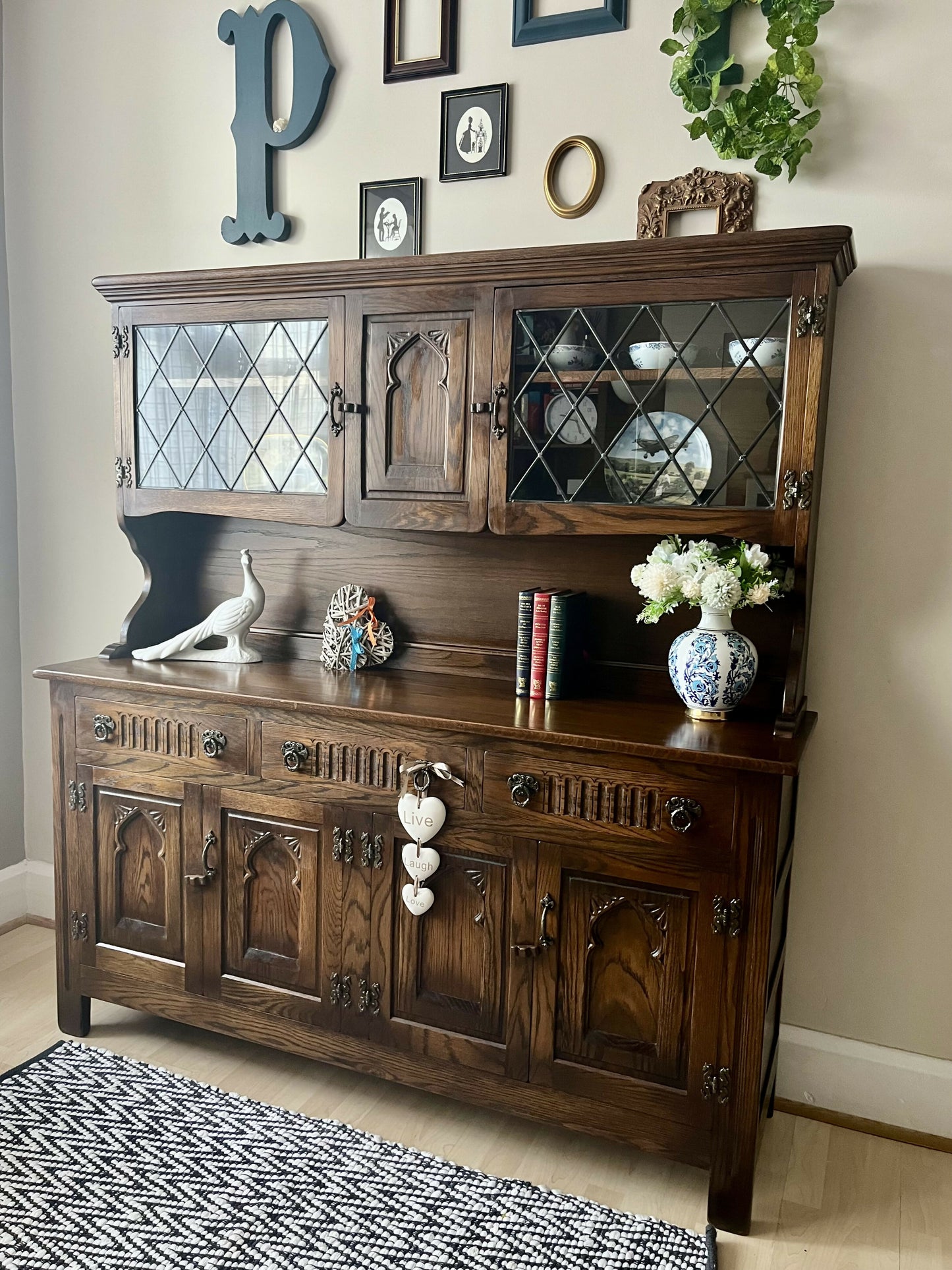 Stained Oak Dresser by Webber Furniture: Leaded Glass Display