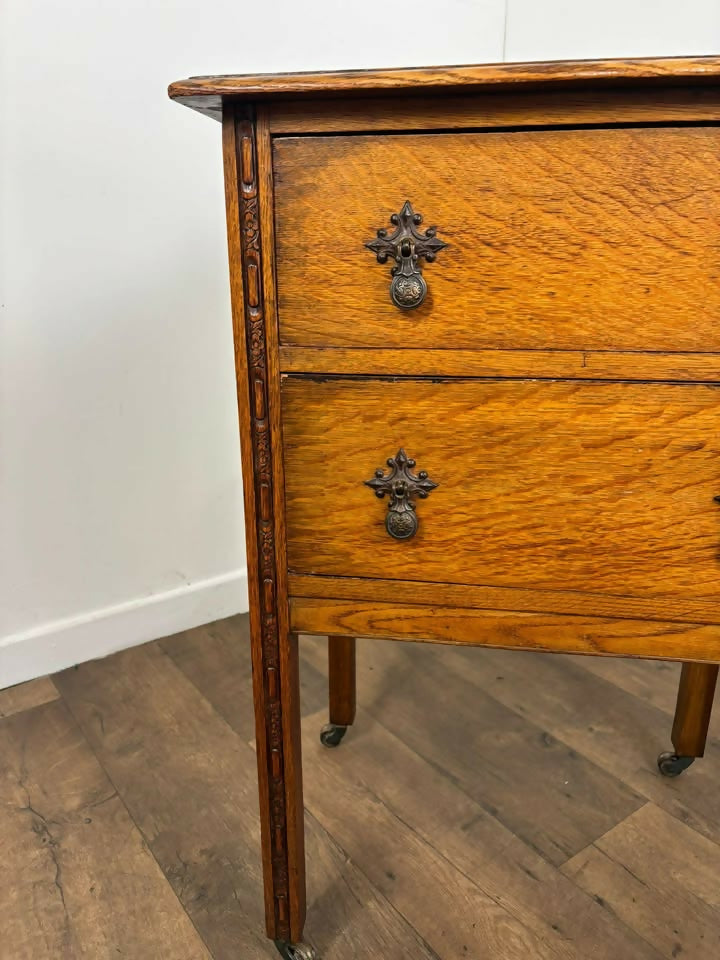 Vintage Oak Two Drawer Chest on Castors