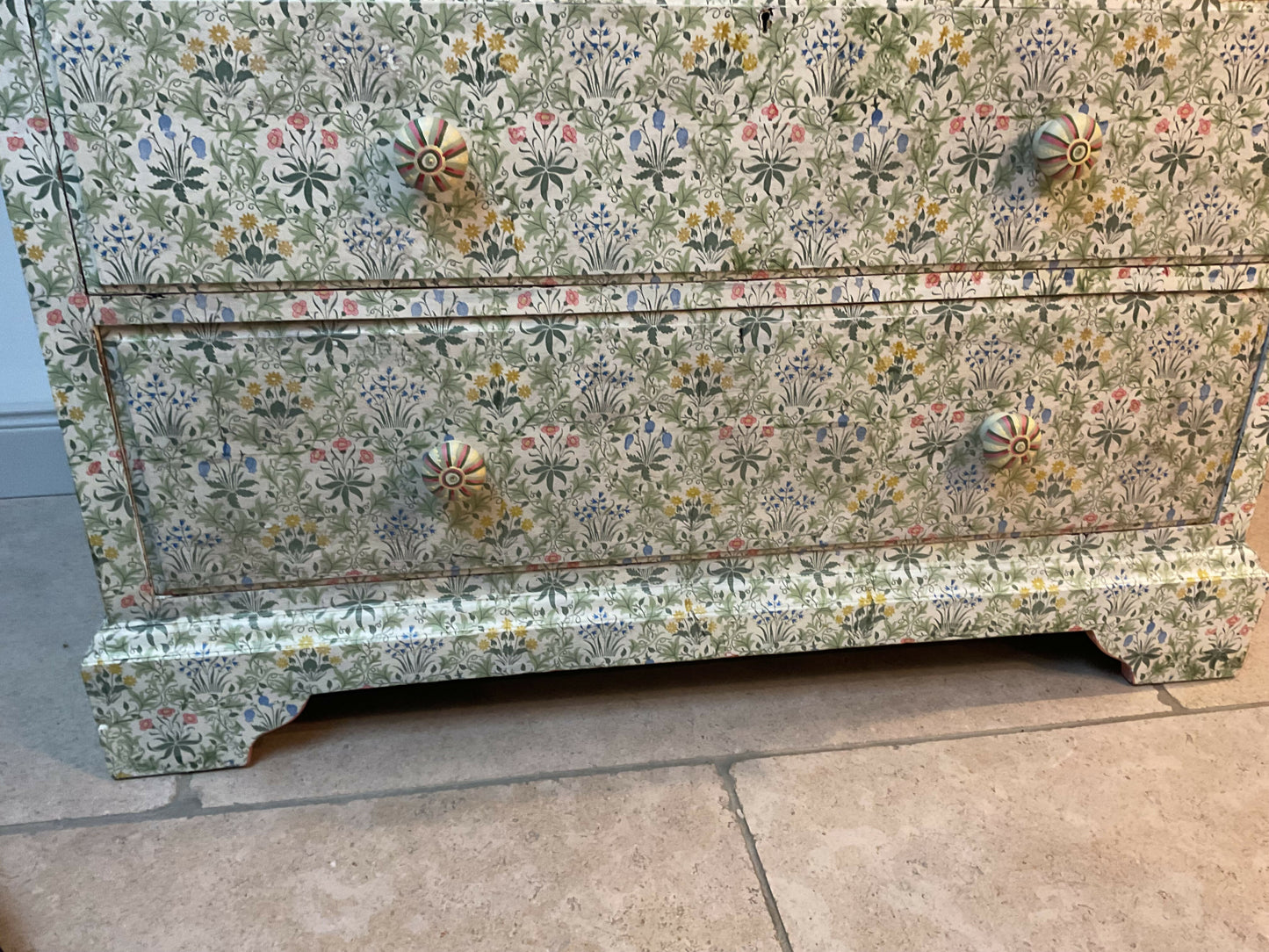 Antique chest of drawers covered in William Morris decoupage. With hand painted handles.
