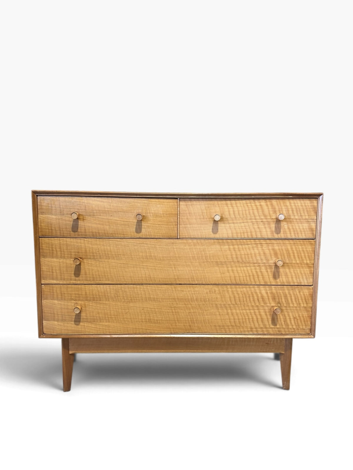 Mid-Century Quartersawn Sycamore Chest of Drawers by Maple & Co