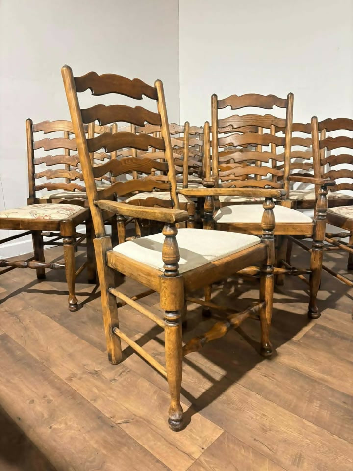 Set of Twelve Oak Yorkshire Style Ladderback Dining Chairs