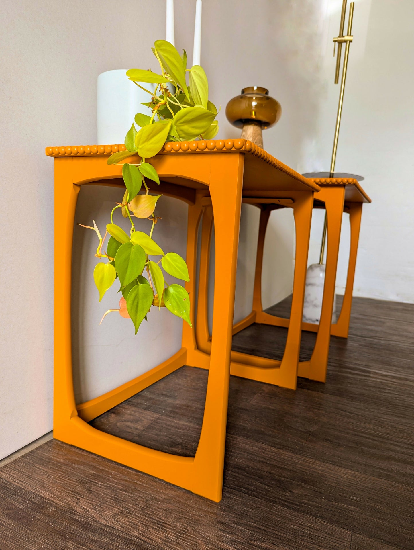 Pair of Bright Orange Side Tables/End Tables with Bobbin Details