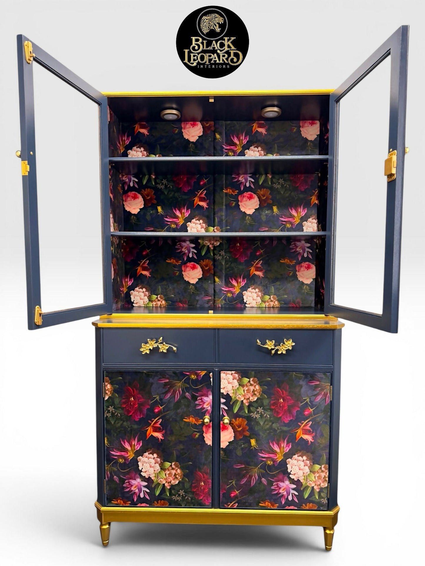 Luxury Refinished Dresser Glass Display Drinks Cabinet Blue Floral Design | Bespoke Vintage Handmade Furniture