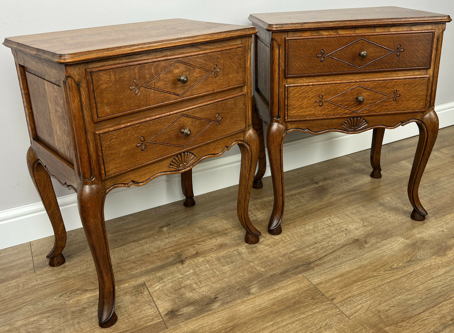Pair of Bedside Tables Vintage French Louis Oak Nightstands Cabinets LOT 6225
