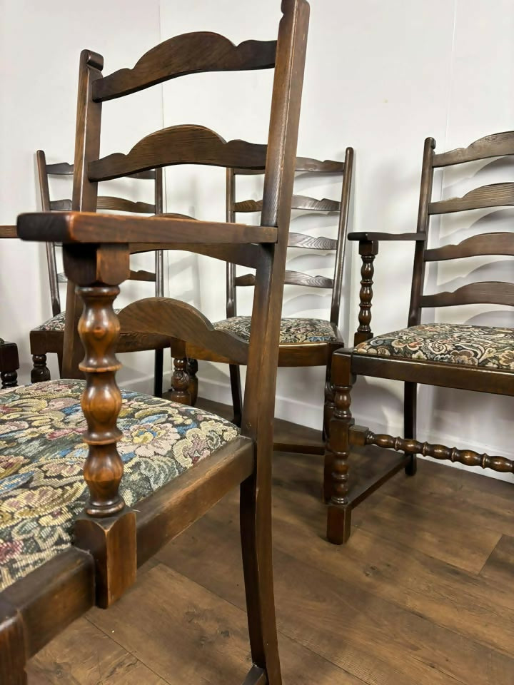 Vintage Set of Six Oak Ladder Back Dining Chairs – Including Two Carvers