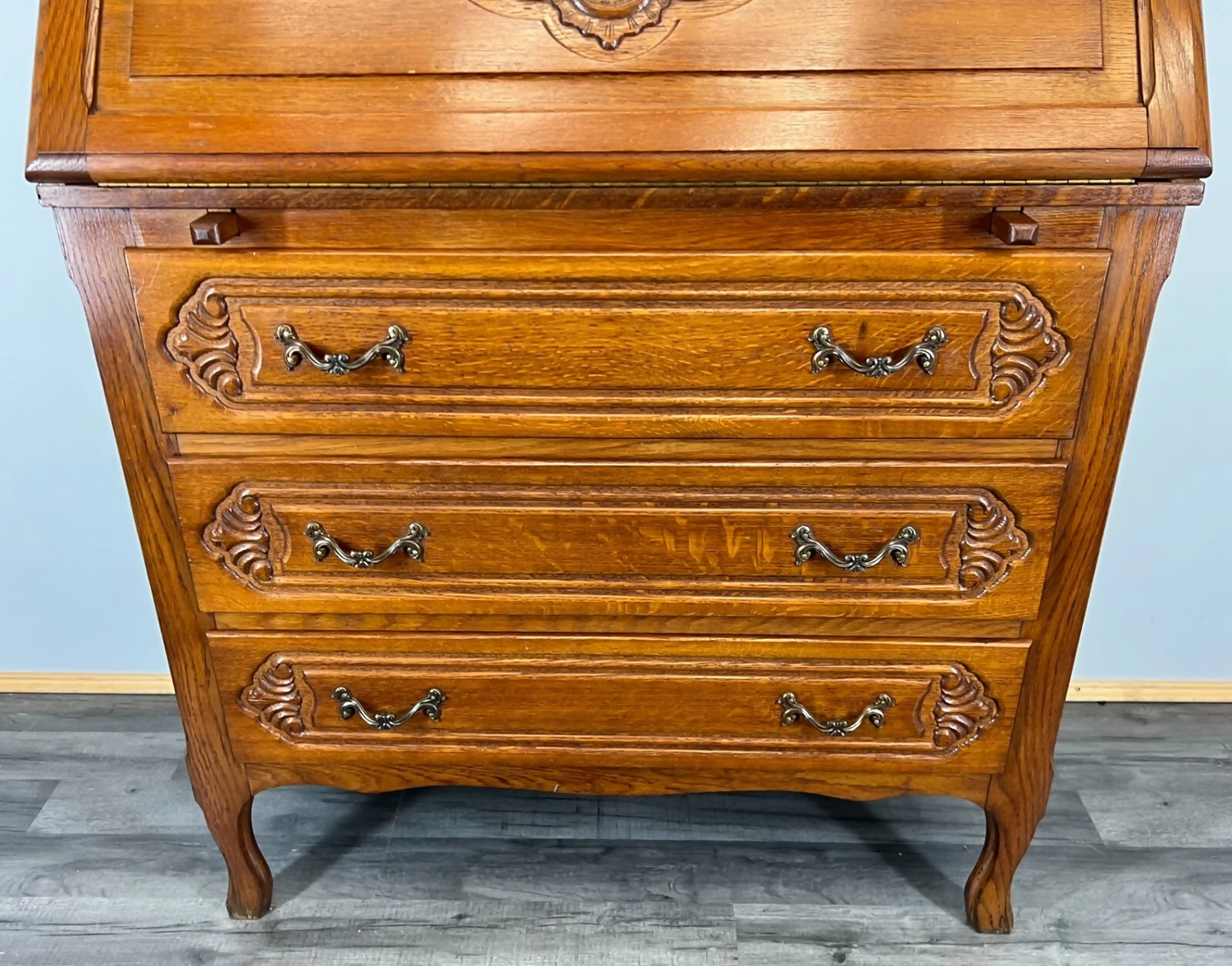 Secretaire Writing Desk Vintage French Oak Bureau Carved Cabinet LOT 3755