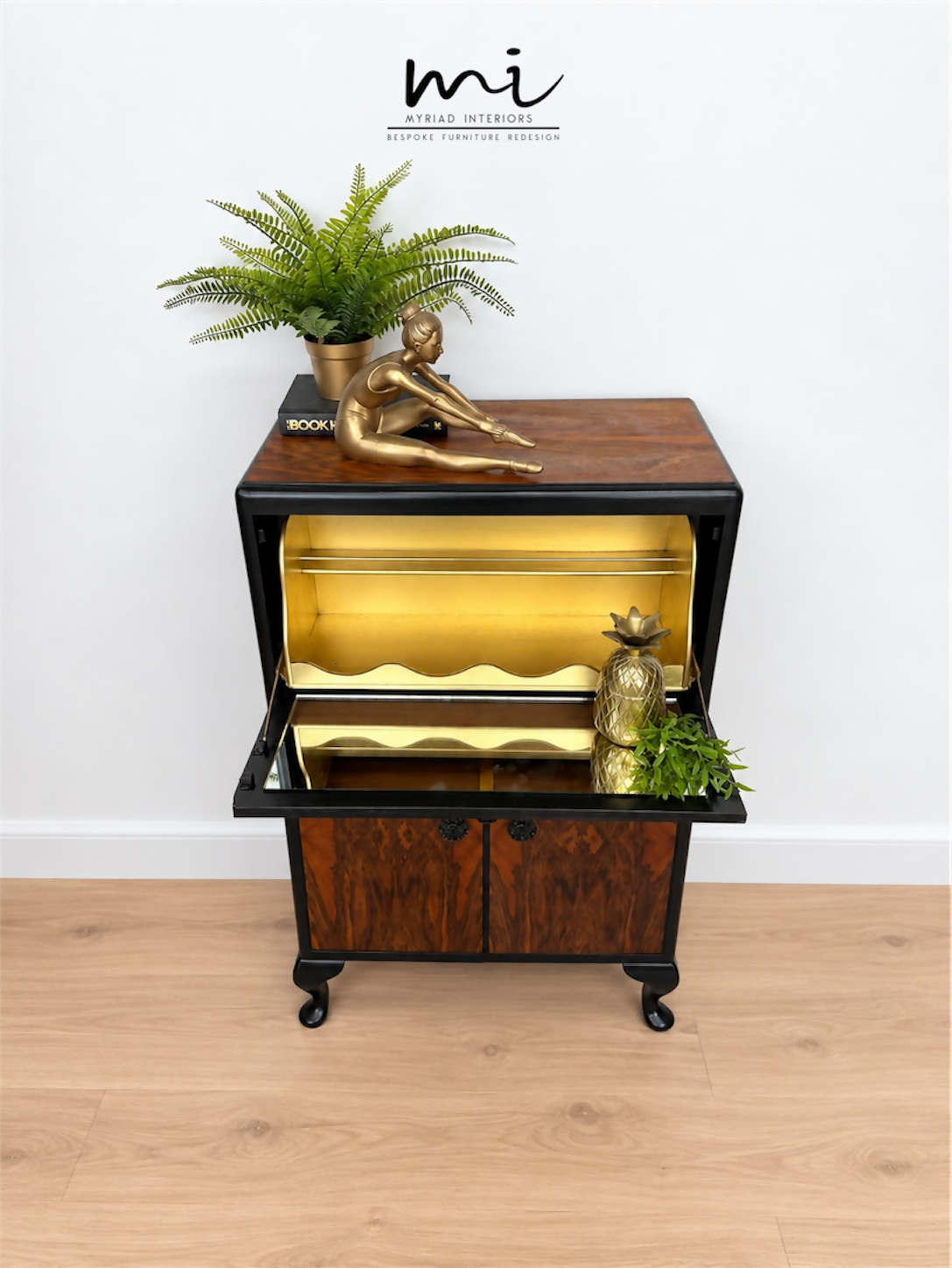 Refurbished Petit Art Deco Burl Walnut Cocktail Cabinet, black and gold drinks cabinet