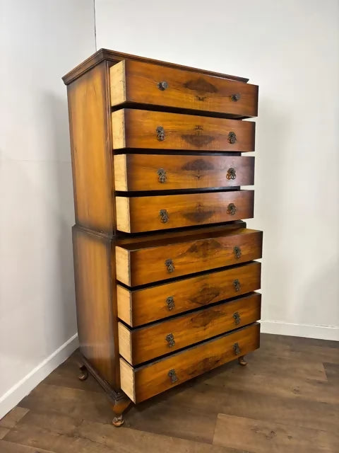 Vintage Walnut Chest On Chest – 8 Drawer Tallboy Chest