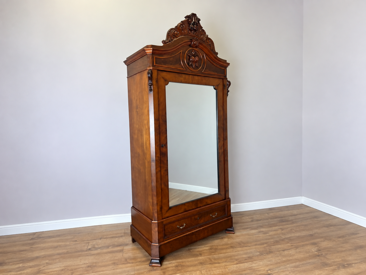 Wardrobe Antique French Style Burr Walnut Mirrored Carved Armoire LOT 6512