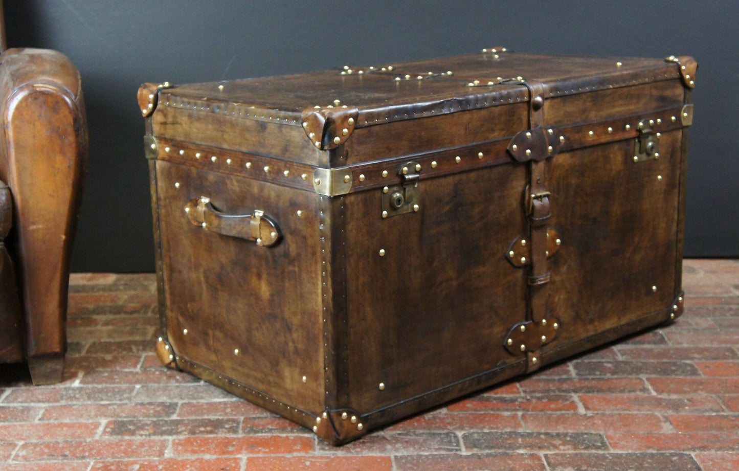 Handmade handcrafted luxury belted coffee table trunk