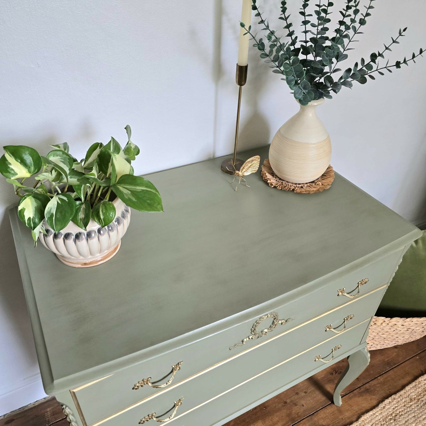 Vintage Louis Style Olympus Chest of Drawers | Upcycled in Sage Green & Gold