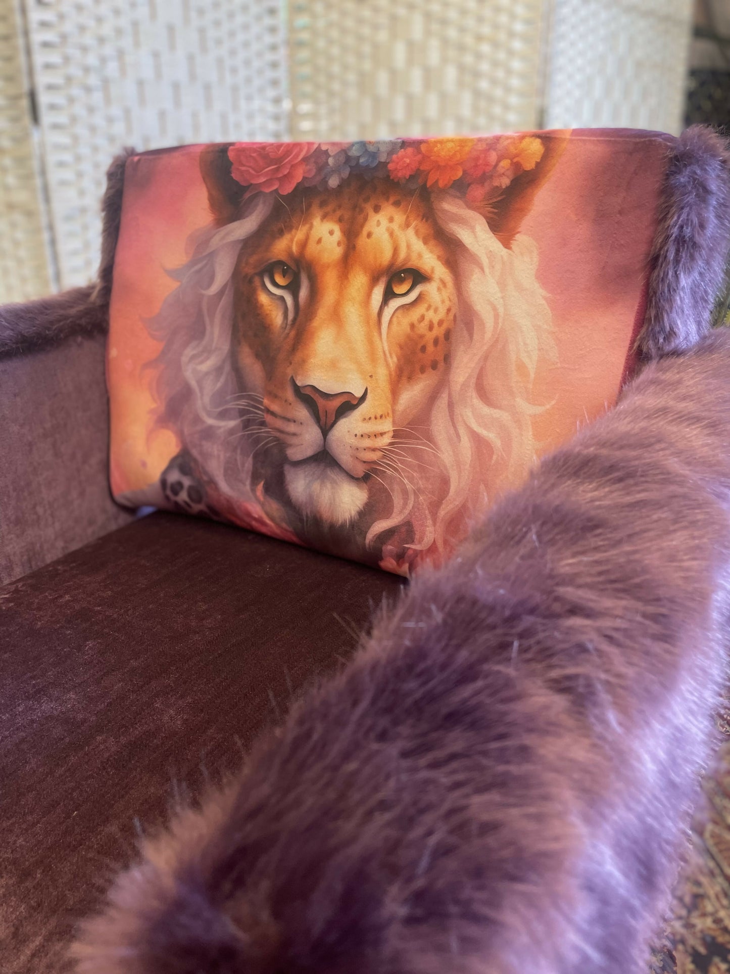 Salon swivel chair. Upholstered to make a funky statement piece. Velvet and faux fur with lion print panel