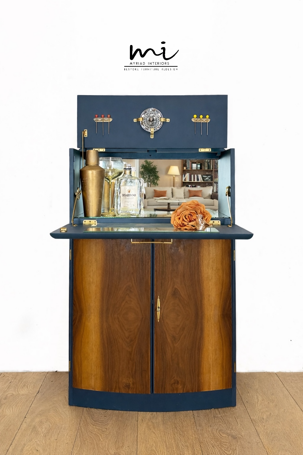 SOLD commissions available Navy Blue and Gold Art Deco Walnut Drinks Cabinet, cocktail cabinet, bar, sideboard, refurbished