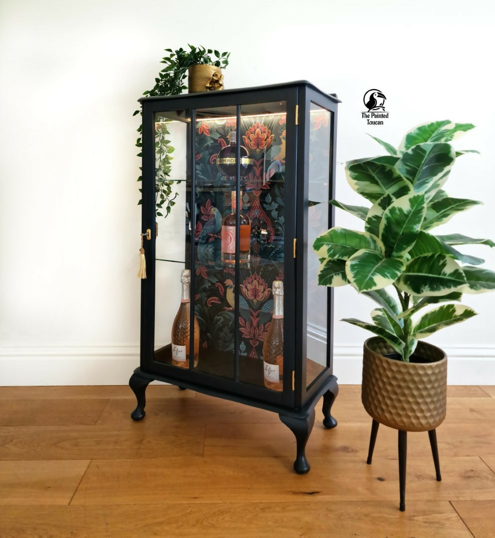 Upcycled Vintage Drinks Cabinet | Painted Dark Navy Tropical Decoupage Glazed Home Bar | Cocktail Cabinet