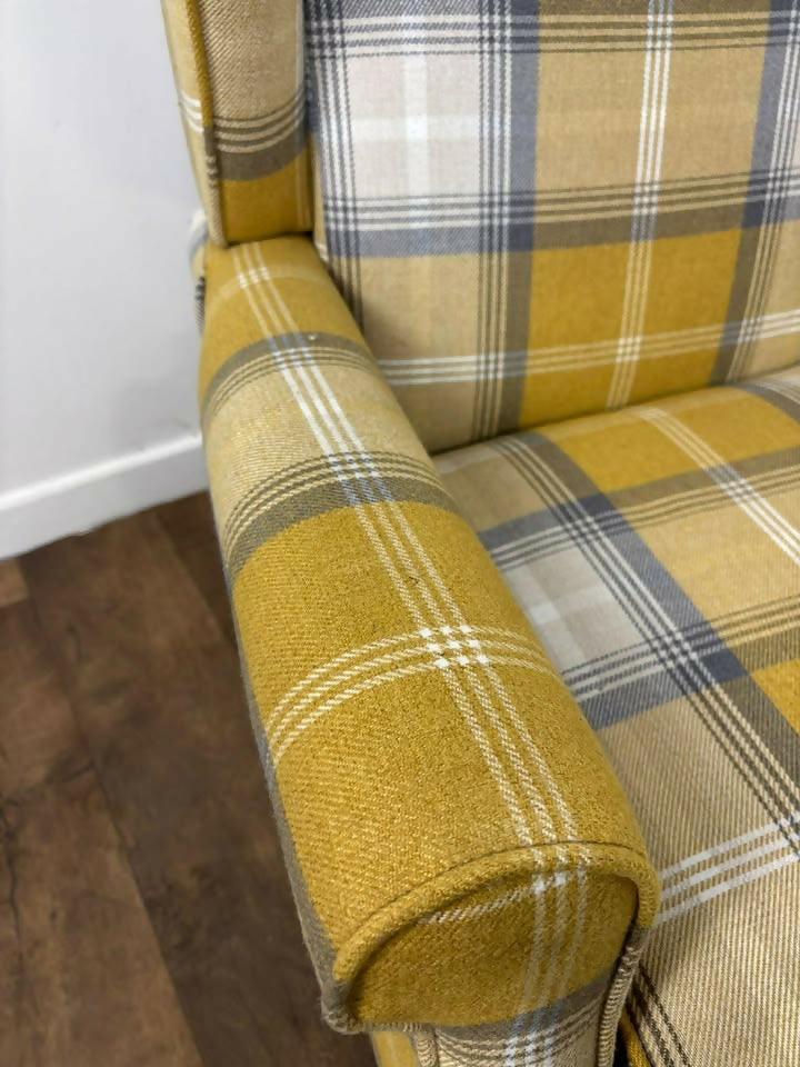 Modern Tartan Fireside Armchair – Upholstered Accent Chair in Mustard, Blue & White