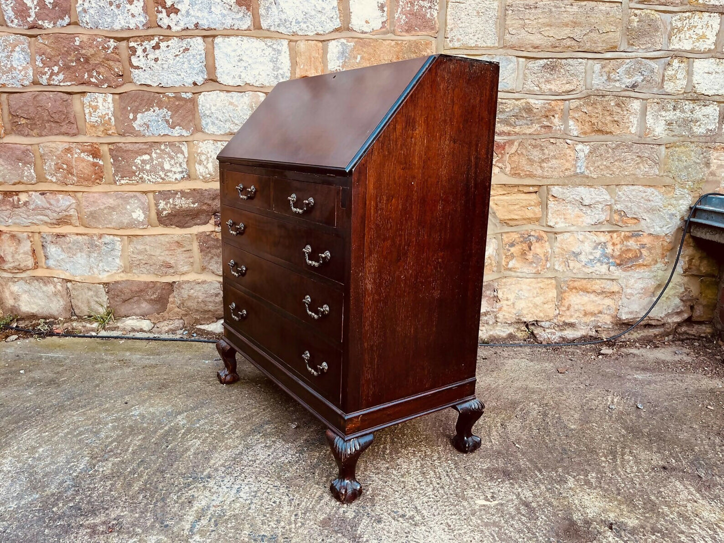 Mahogany Bureau Writing Desk – Ball & Claw Feet, Drop Front, Vintage Secretary Desk, Home Office Storage, Green Leather Writing Surface