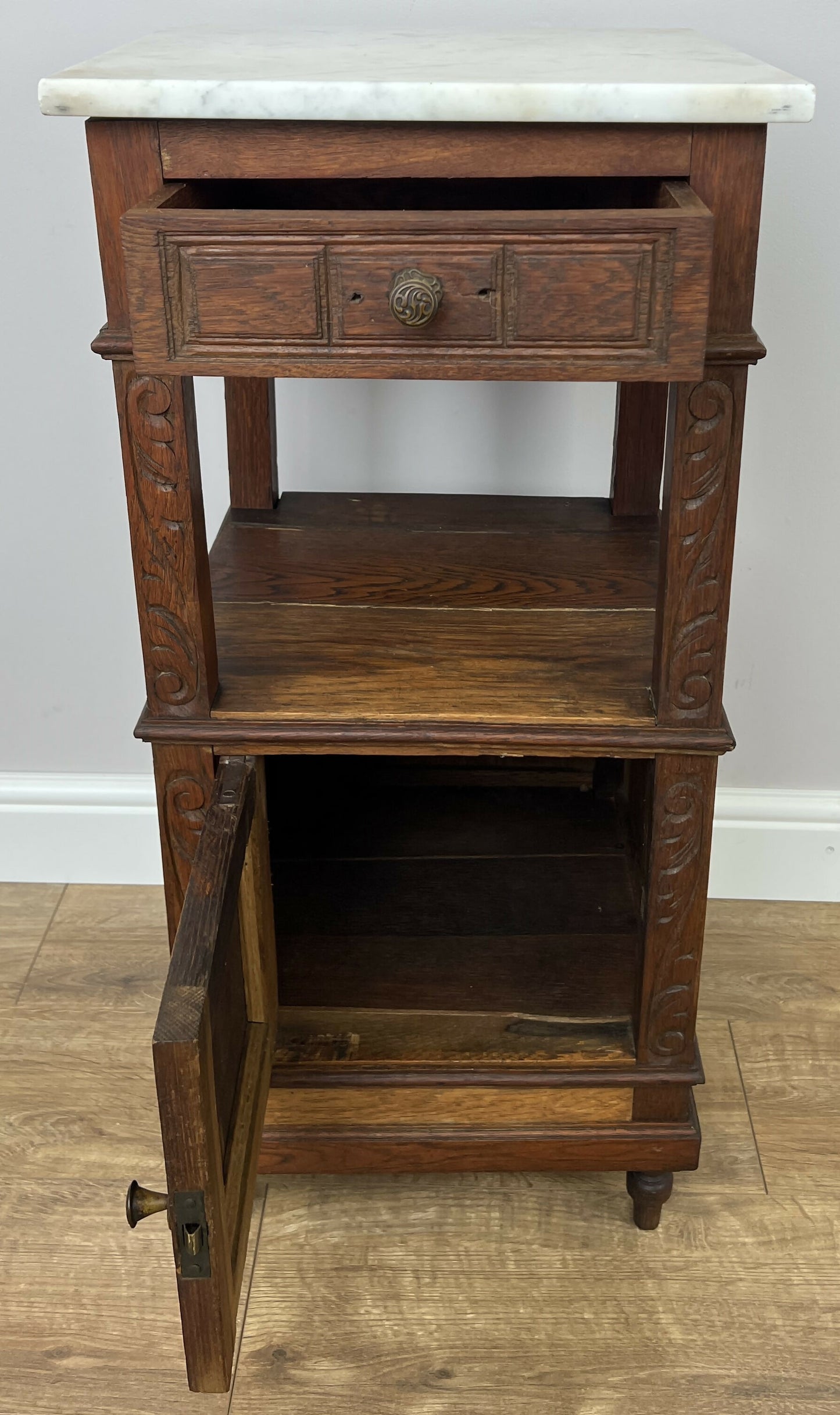 Bedside Table Antique French Marble Top Oak Cabinet Carved Cupboard LOT 6352